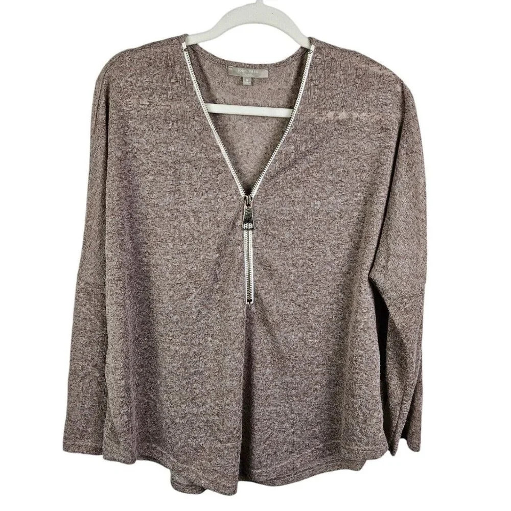 Joan Vass Heather Gray Oversized Knit Sweater 1/2 Zip Dolman Sleeves Size Medium